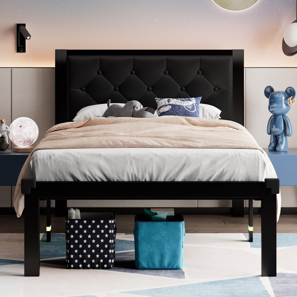 Twin Size Black Metal Platform Bed Frame with Faux Leather Tufted Headboard Q279286