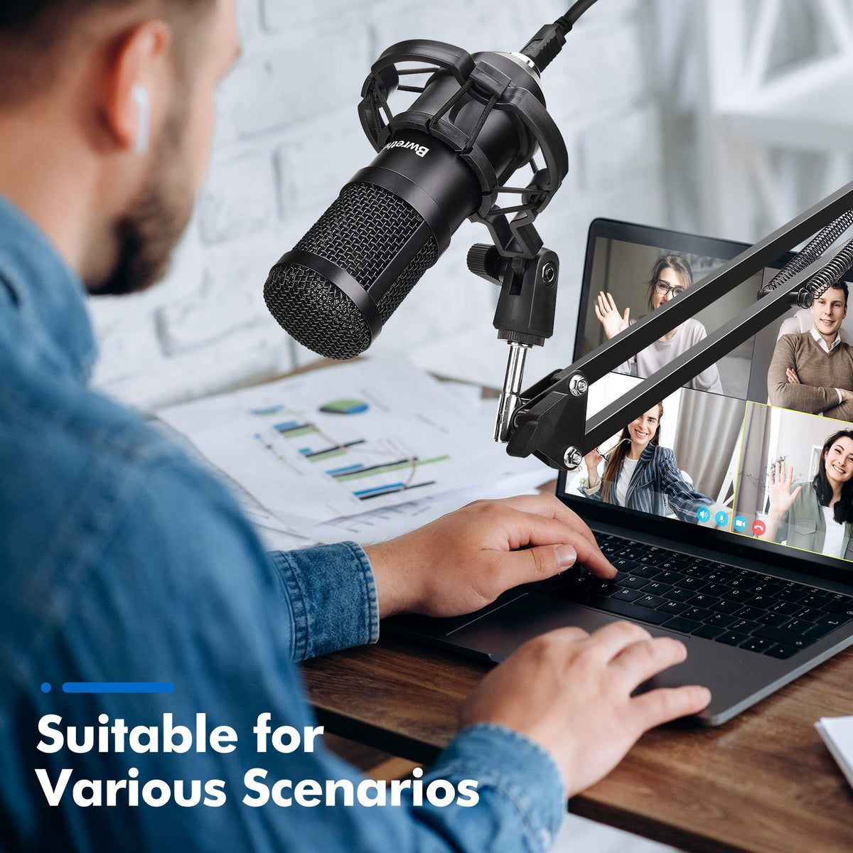 USB Condenser Cardioid Microphone with Boom Arm Stand and Shock Mount, Black B113