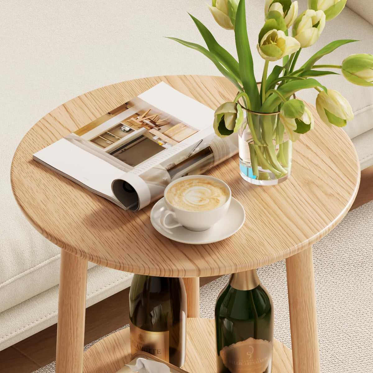 Solid Wood Round End Table with Lower Shelf Q958