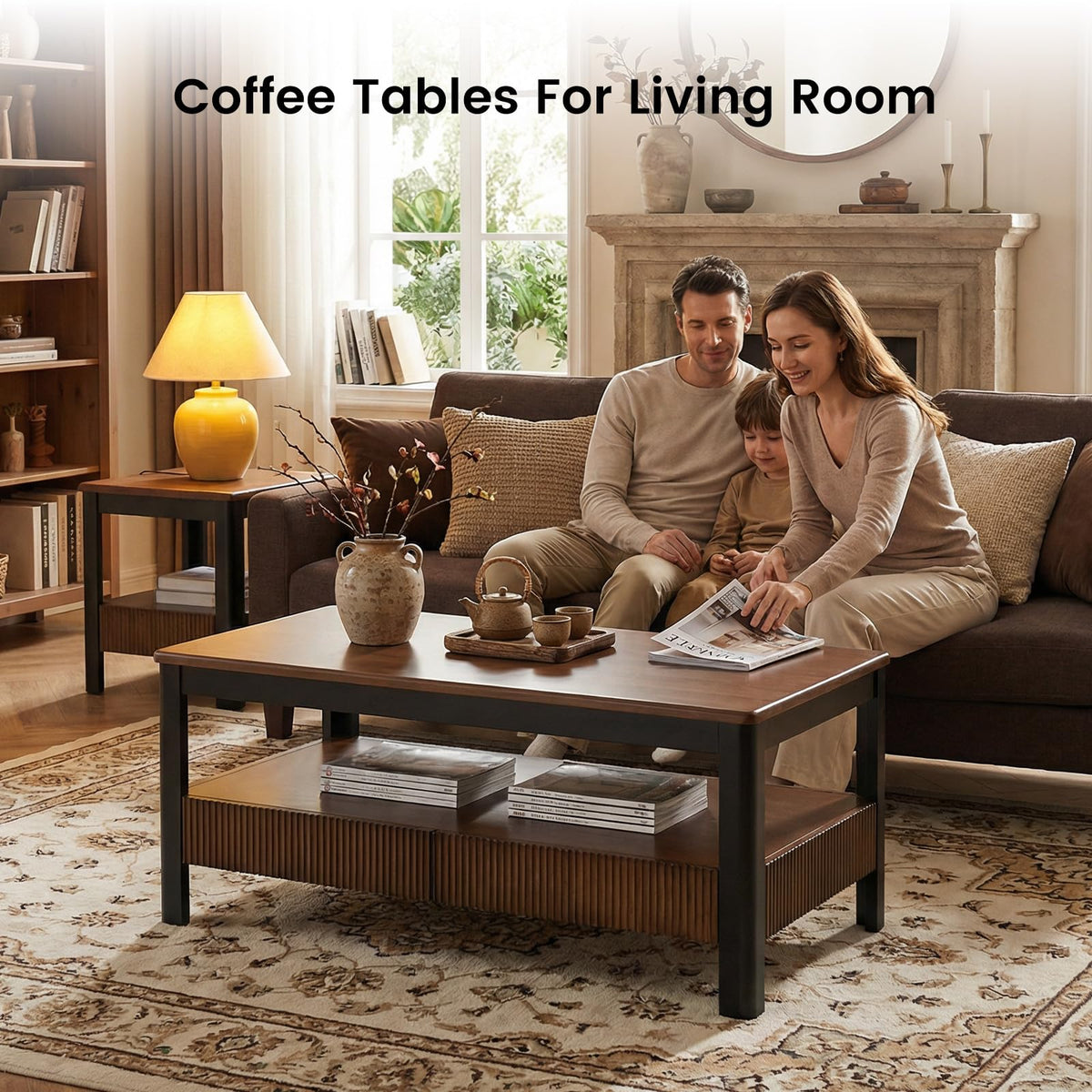 39.4" Walnut Solid Wood Fluted Coffee Table with 2 Drawers R6395