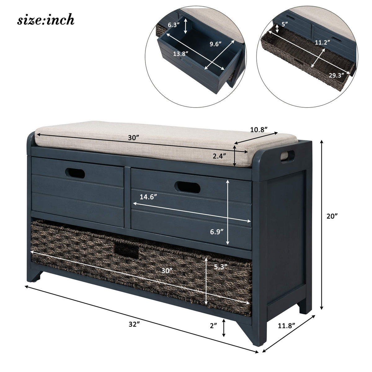 Navy Storage Bench with Drawers and Basket H69582