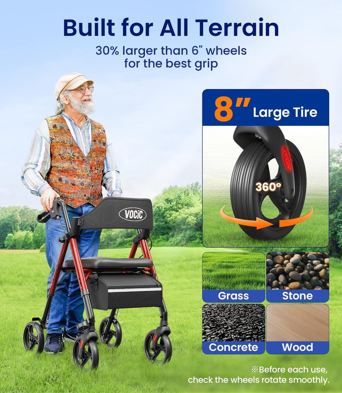 Rollator Walker with Seat, 8" All Terrain D961934