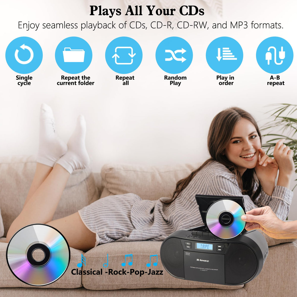 Portable CD Cassette Boombox with Bluetooth MP3 USB FM Radio J58189