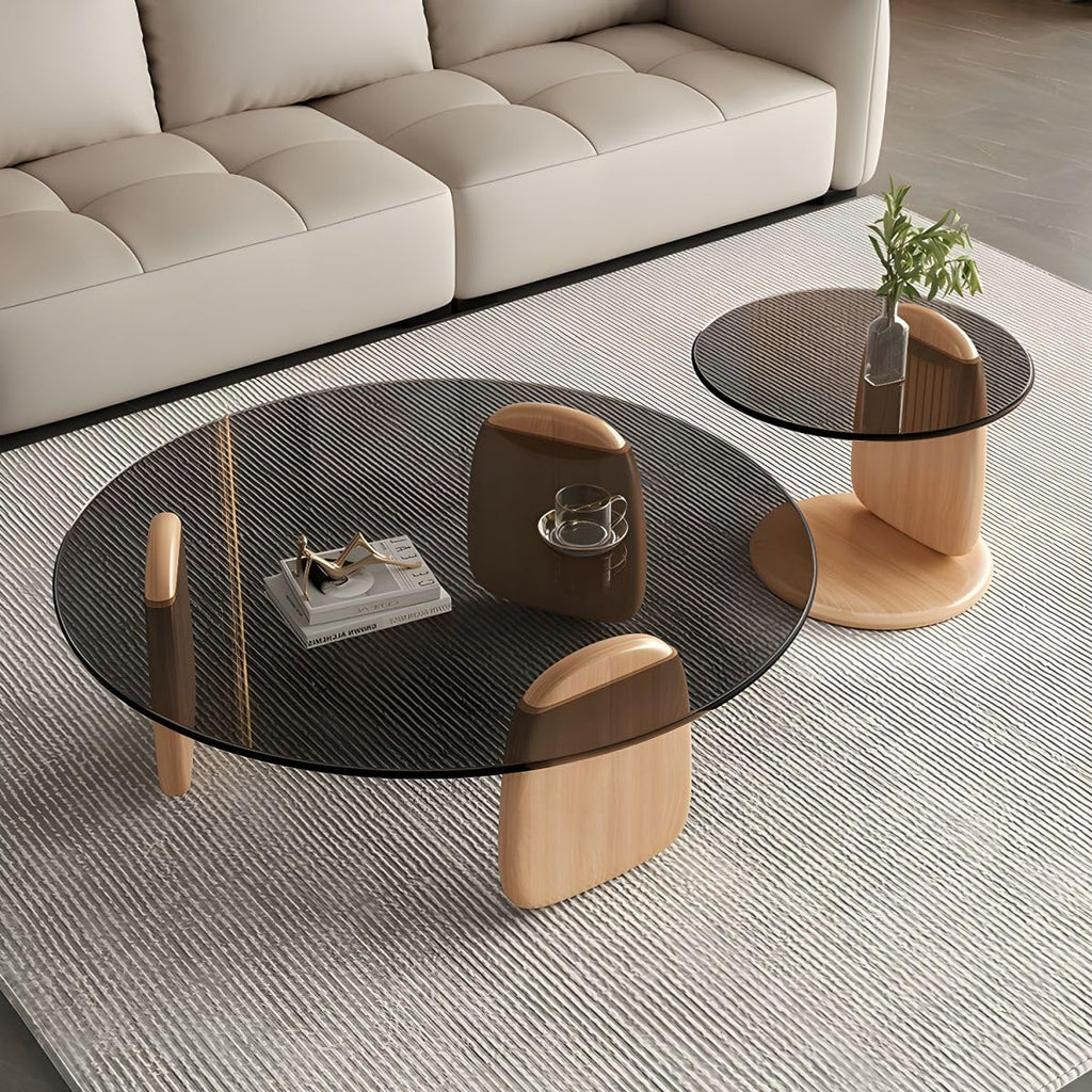 Nesting Coffee Table Set of 2 Glass Round Top Wood Legs S865