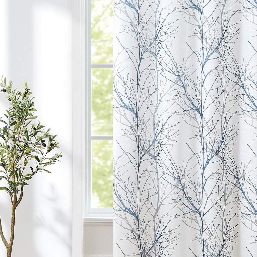 Linen Blue White Semi Sheer Curtains 84 Inch 1 Panel G871