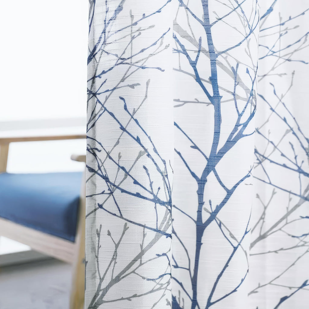 Linen Blue White Semi Sheer Curtains 84 Inch 1 Panel G871