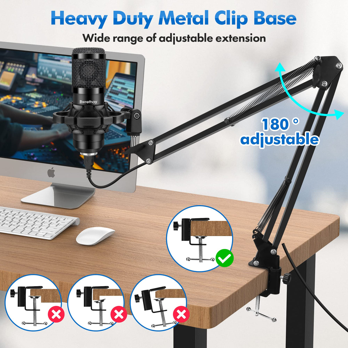 USB Condenser Cardioid Microphone with Boom Arm Stand and Shock Mount, Black B113