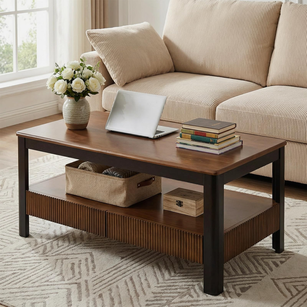 39.4" Walnut Solid Wood Fluted Coffee Table with 2 Drawers R6395