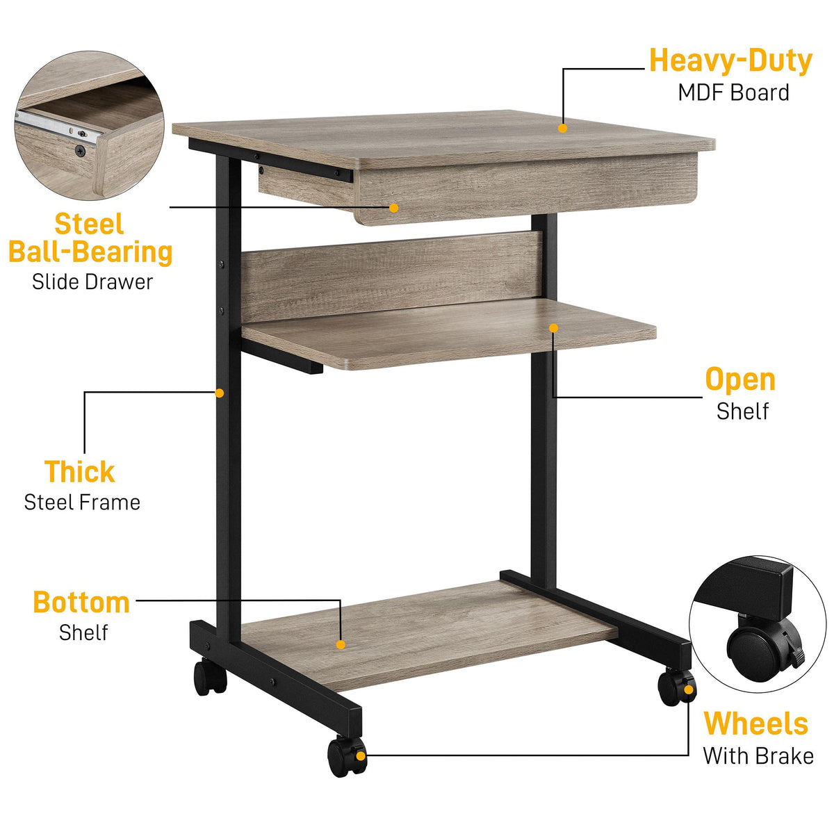 Gray 3-Tier Rolling Cart with Drawer N831