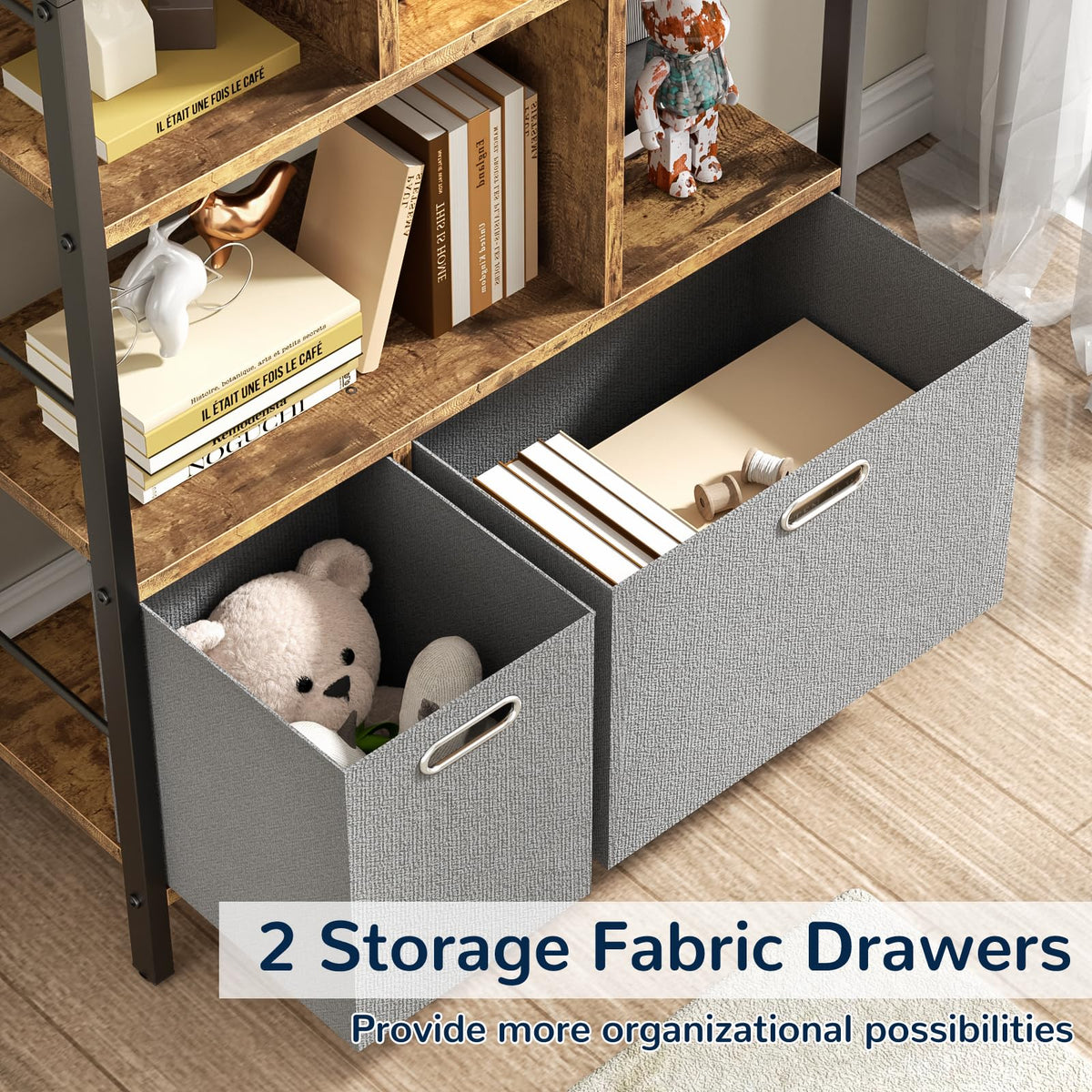 5 Tier Rustic Brown Bookshelf with Drawers I99162