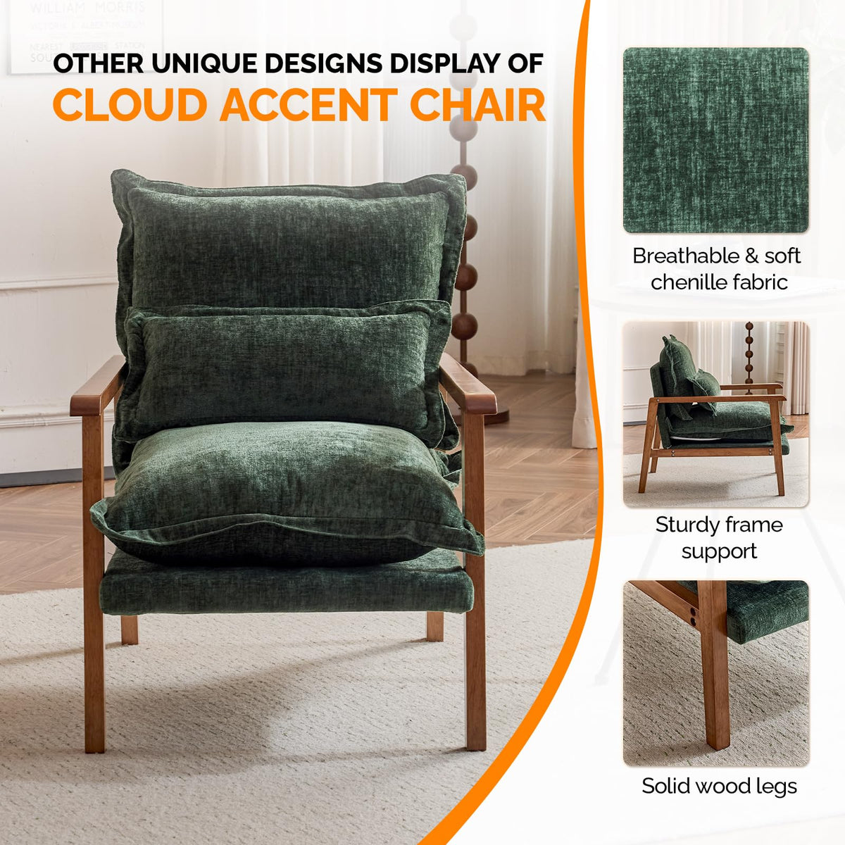 Dark Green Chenille Accent Armchairs Set of 2 with Lumbar Pillow F78750
