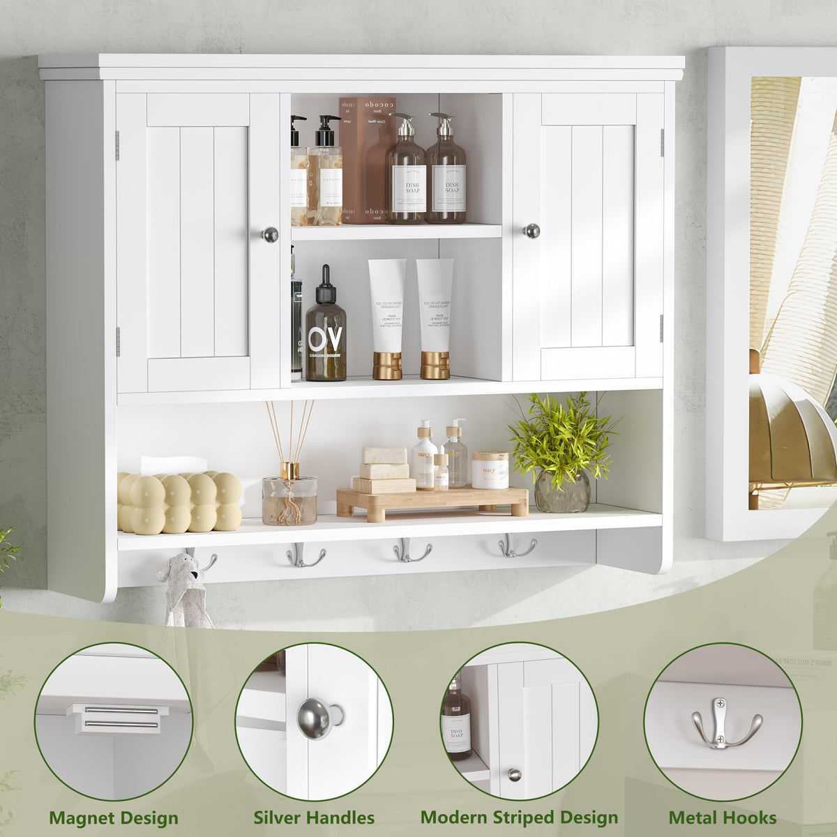 31.5"W 3-Tier Wall Mounted Bathroom Cabinet with Hooks Q70659