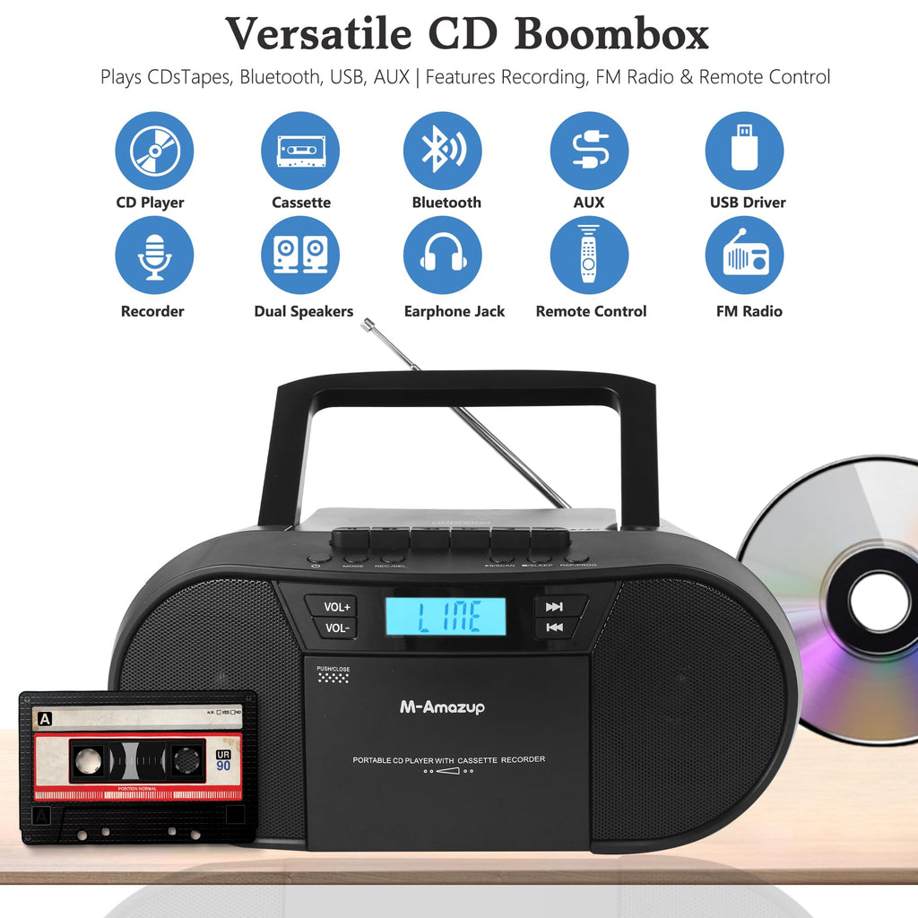 Portable CD Cassette Boombox with Bluetooth MP3 USB FM Radio J58189