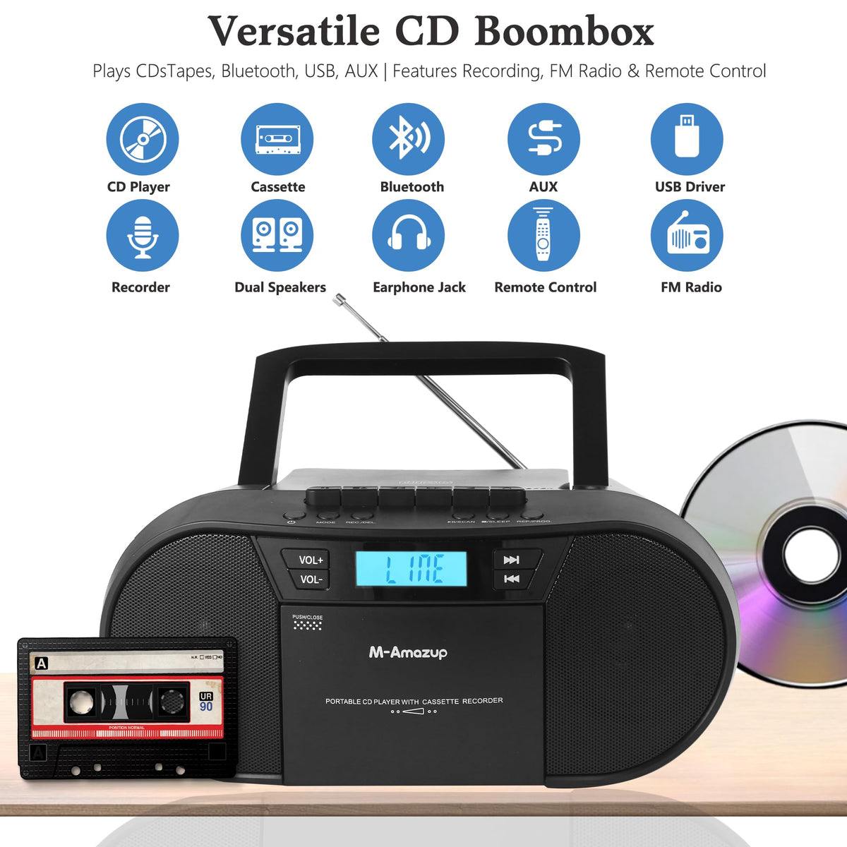 Portable CD Cassette Boombox with Bluetooth MP3 USB FM Radio J58189