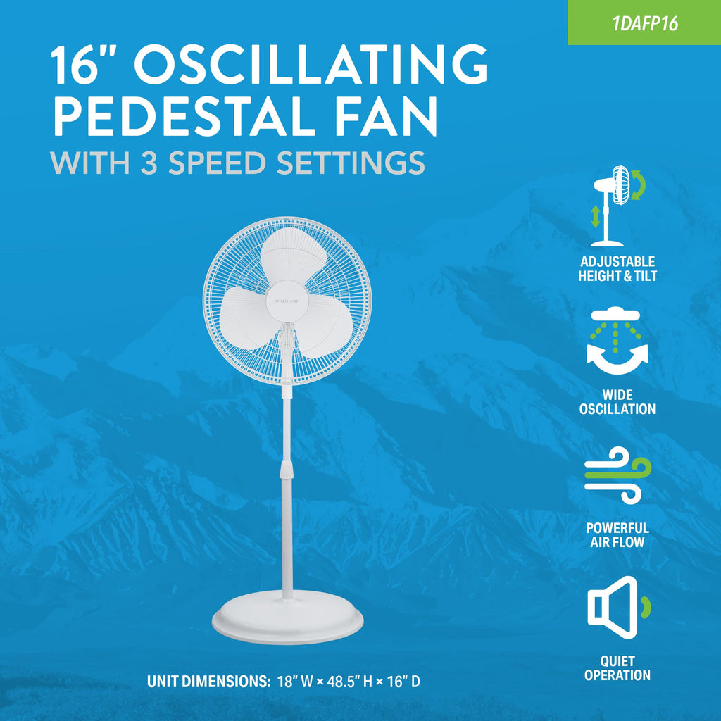 16" Oscillating Pedestal Fan with 3 Speed Settings, White B5909
