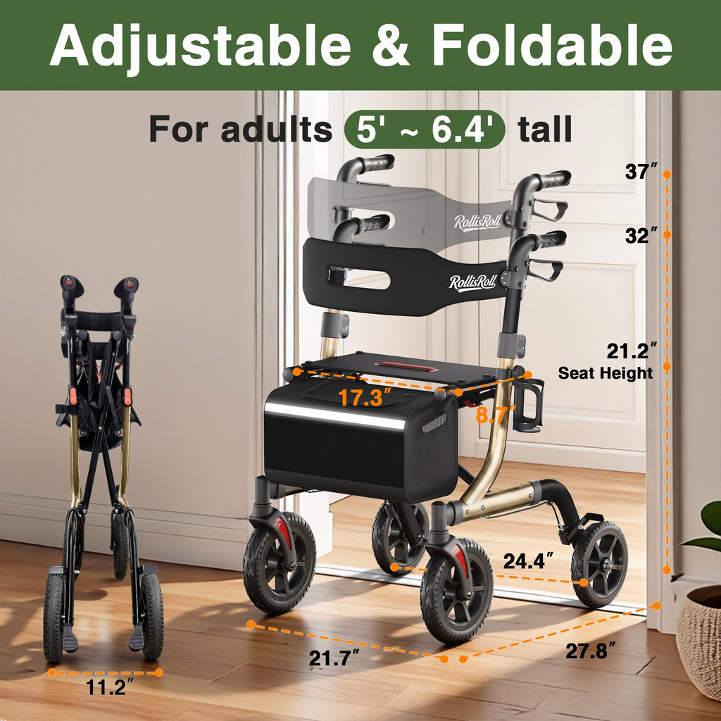 Foldable Aluminum Rollator Walker with Seat and 10" Wheels U2334