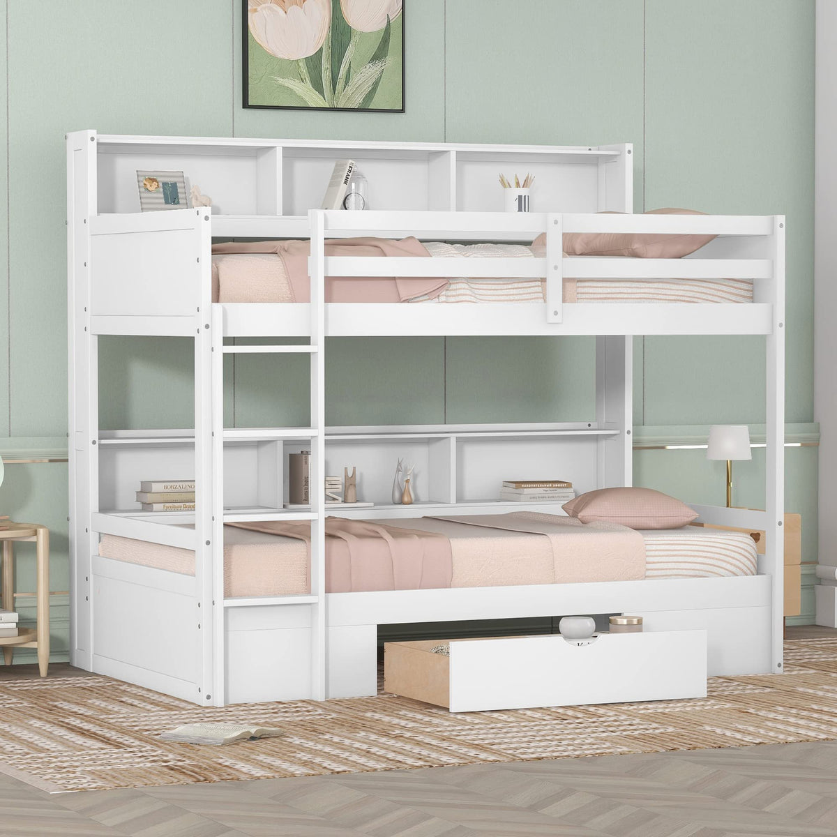 Twin Over Twin Wooden Bunk Bed with Shelves and Storage Drawer X32083