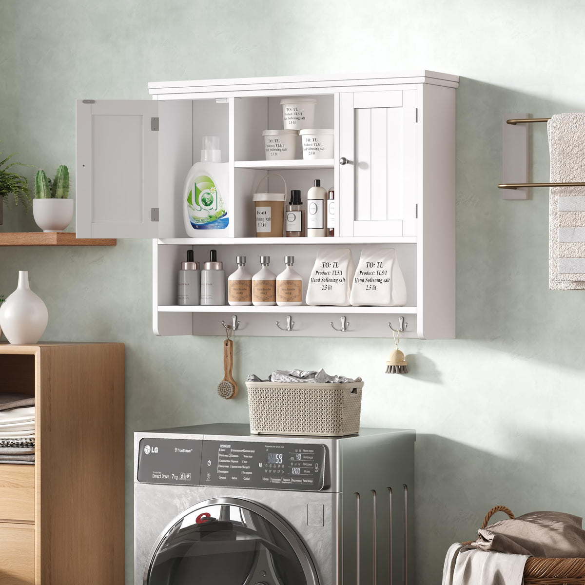 31.5"W 3-Tier Wall Mounted Bathroom Cabinet with Hooks Q70659
