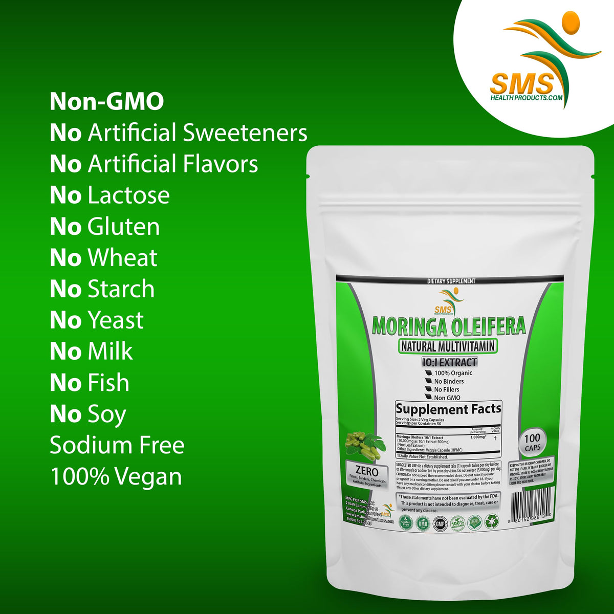 Moringa Oleifera 100 Veggie Capsules 1000mg Leaf Powder G781992