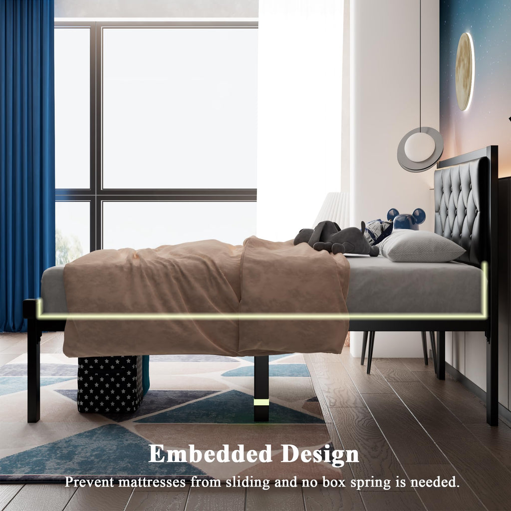 Twin Size Black Metal Platform Bed Frame with Faux Leather Tufted Headboard Q279286