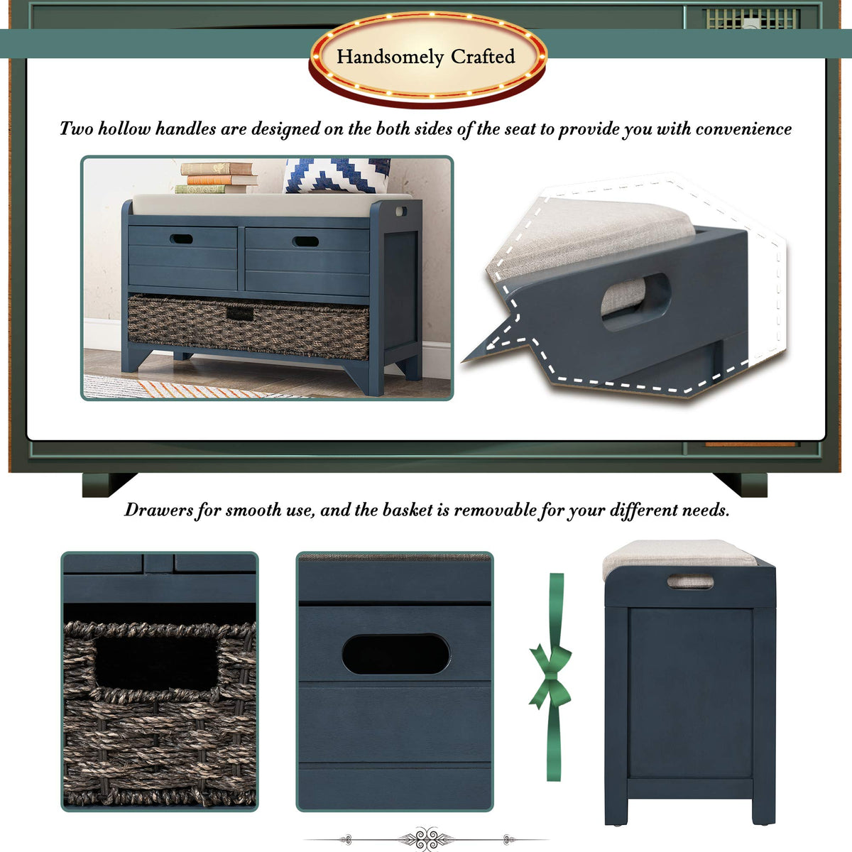 Navy Storage Bench with Drawers and Basket H69582