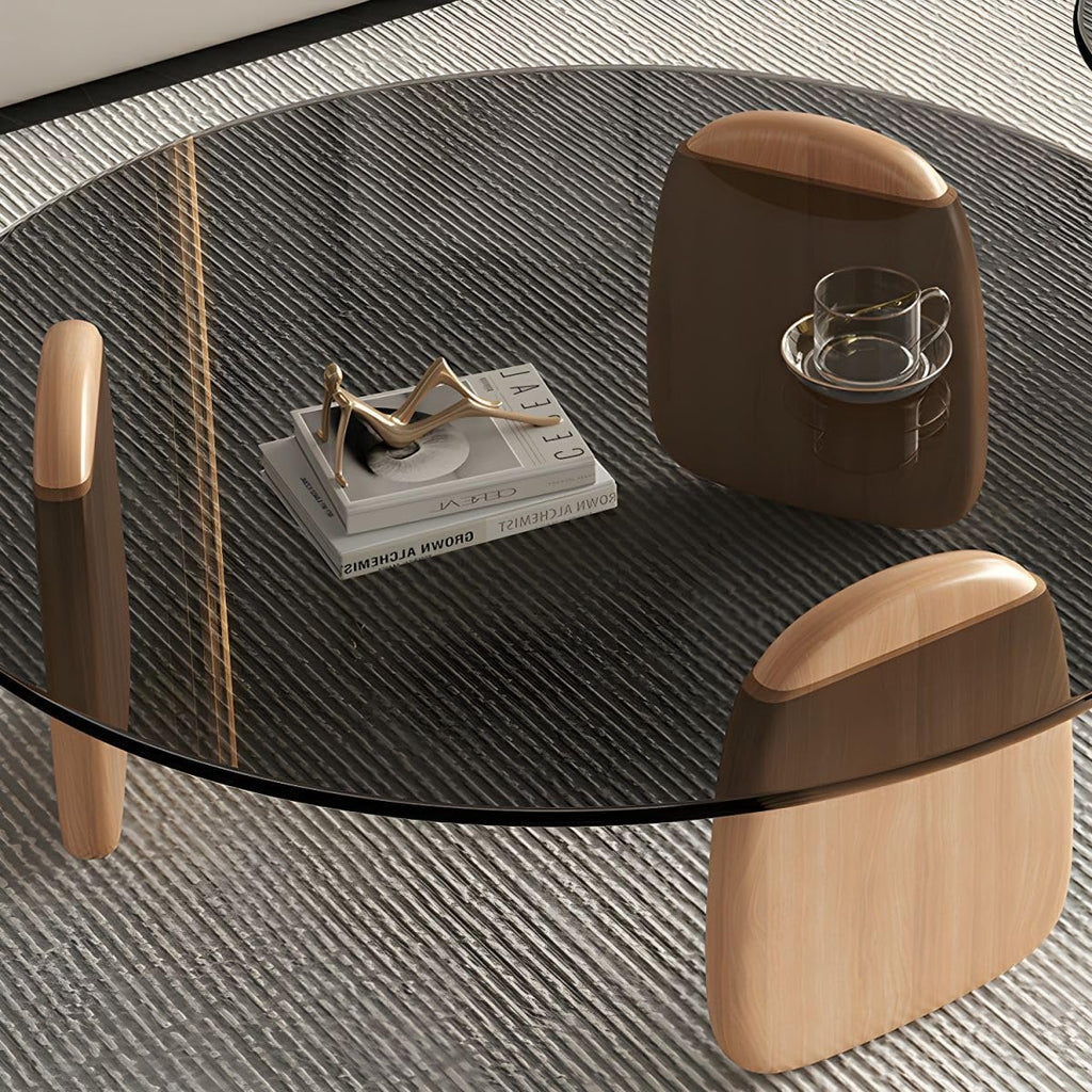 Nesting Coffee Table Set of 2 Glass Round Top Wood Legs S865