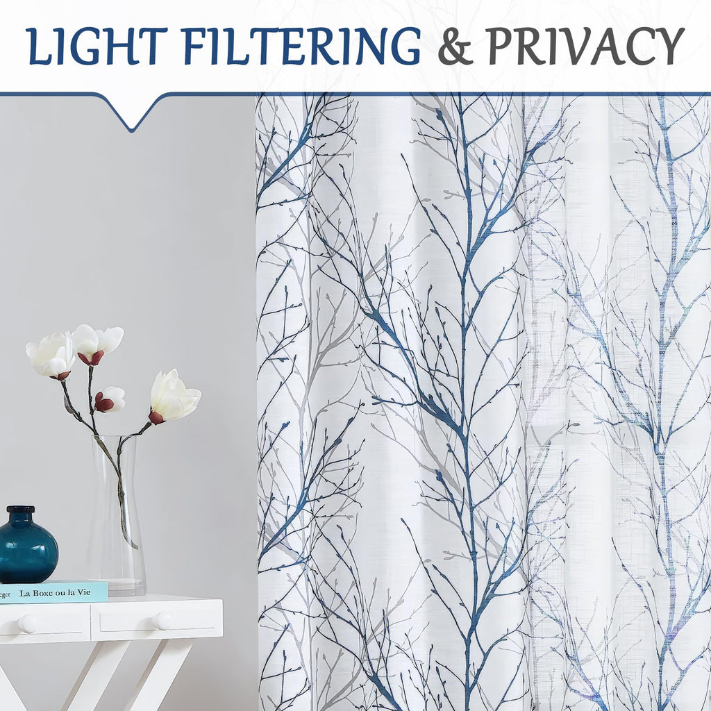 Linen Blue White Semi Sheer Curtains 84 Inch 1 Panel G871