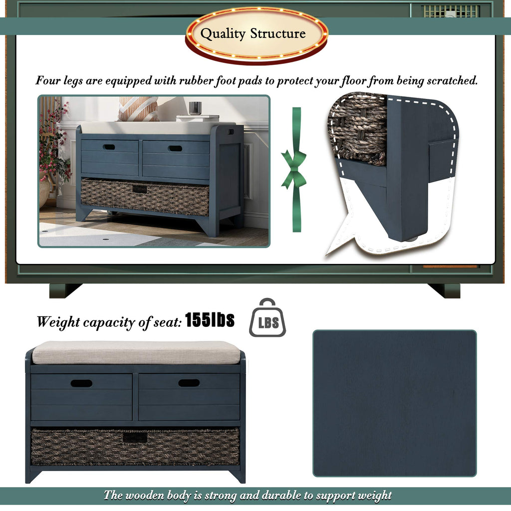 Navy Storage Bench with Drawers and Basket H69582
