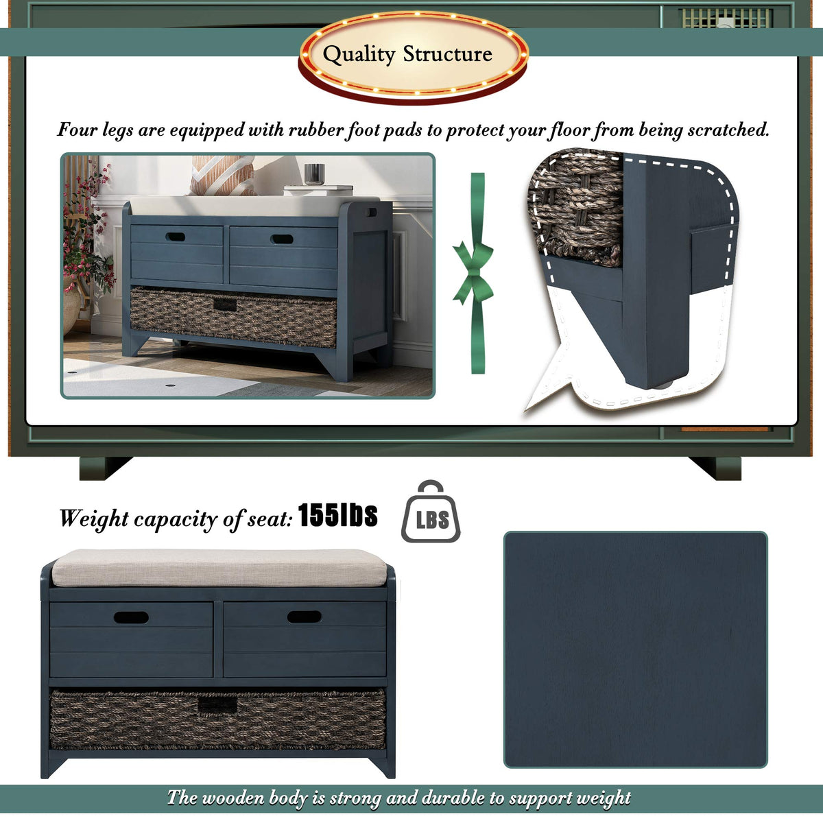 Navy Storage Bench with Drawers and Basket H69582