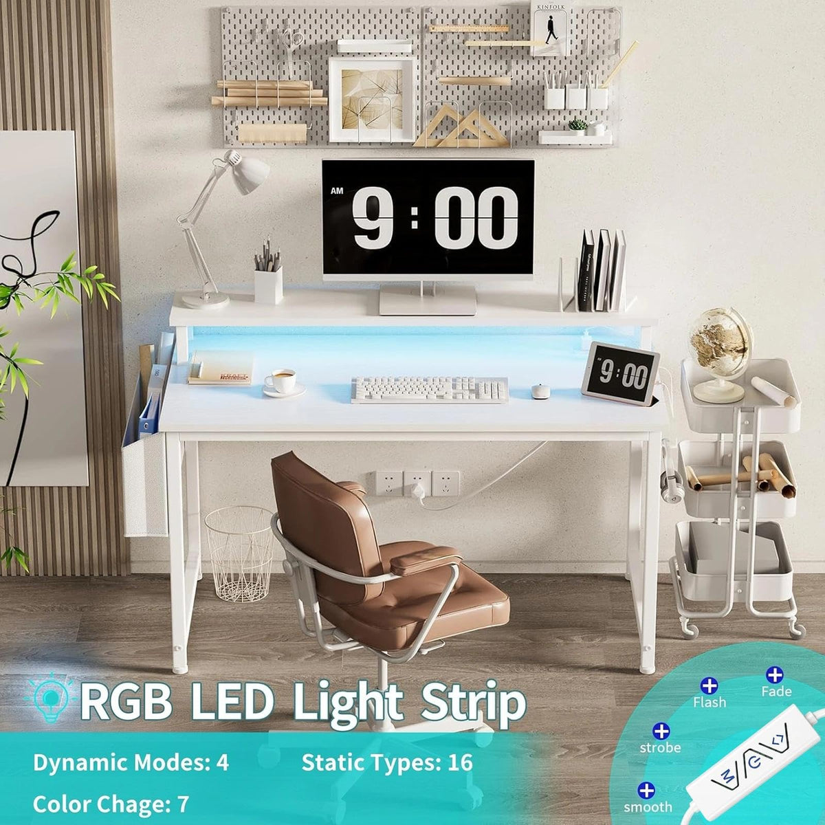White 40 Inch Computer Desk with LED Lights and Power Outlets H637636