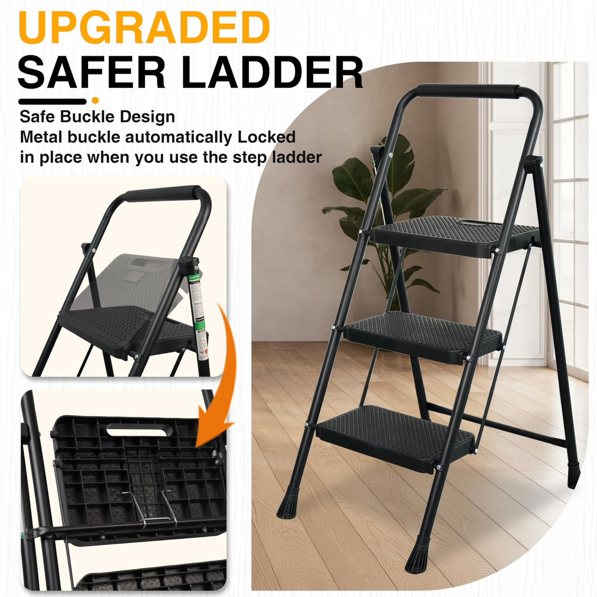 Portable Steel Folding Step Stool, 3-Step, Black N93018