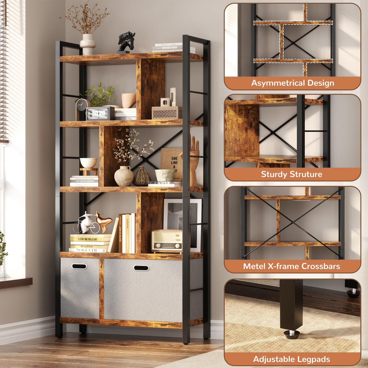 5 Tier Rustic Brown Bookshelf with Drawers I99162