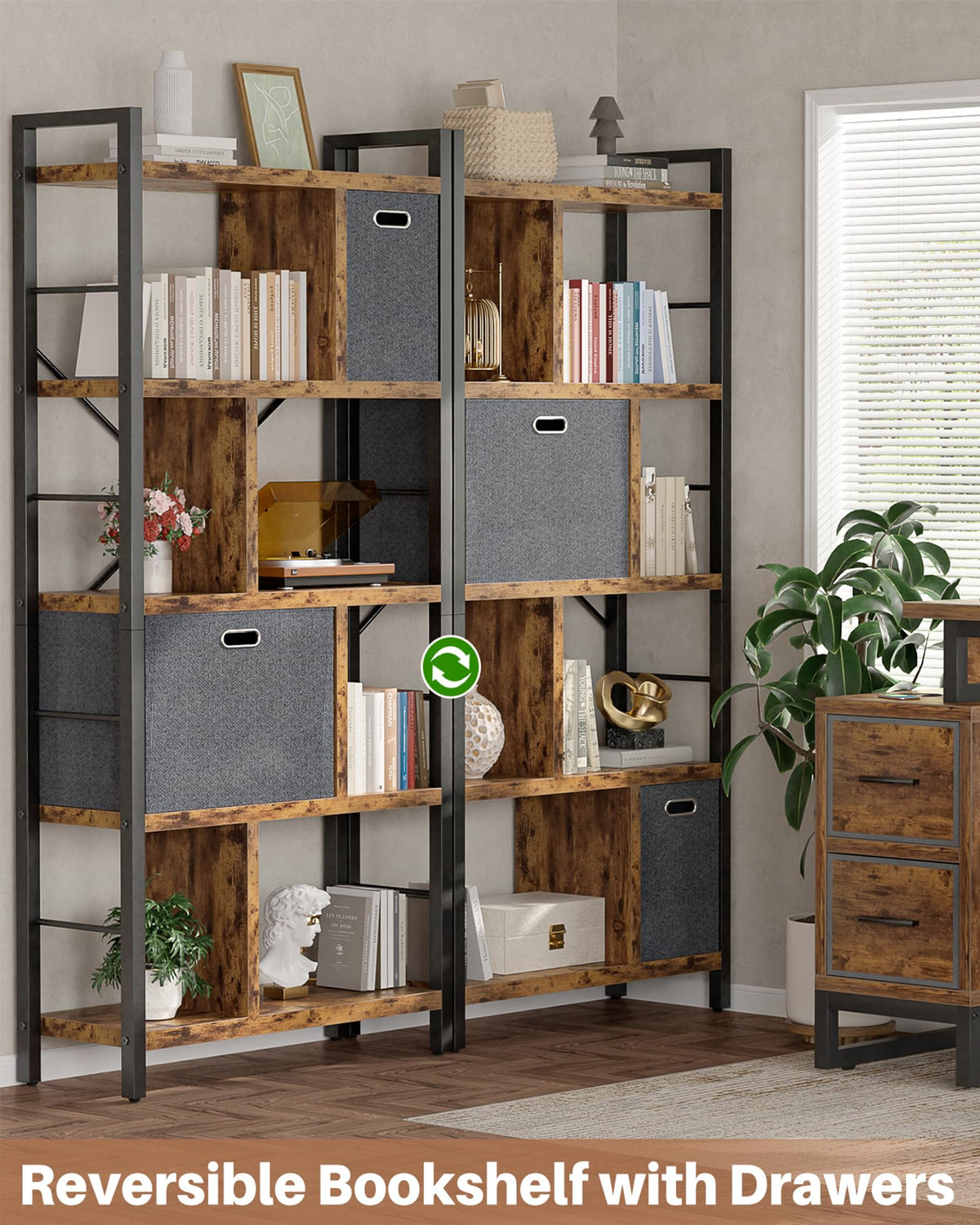 5 Tier Rustic Brown Bookshelf with Drawers I99162