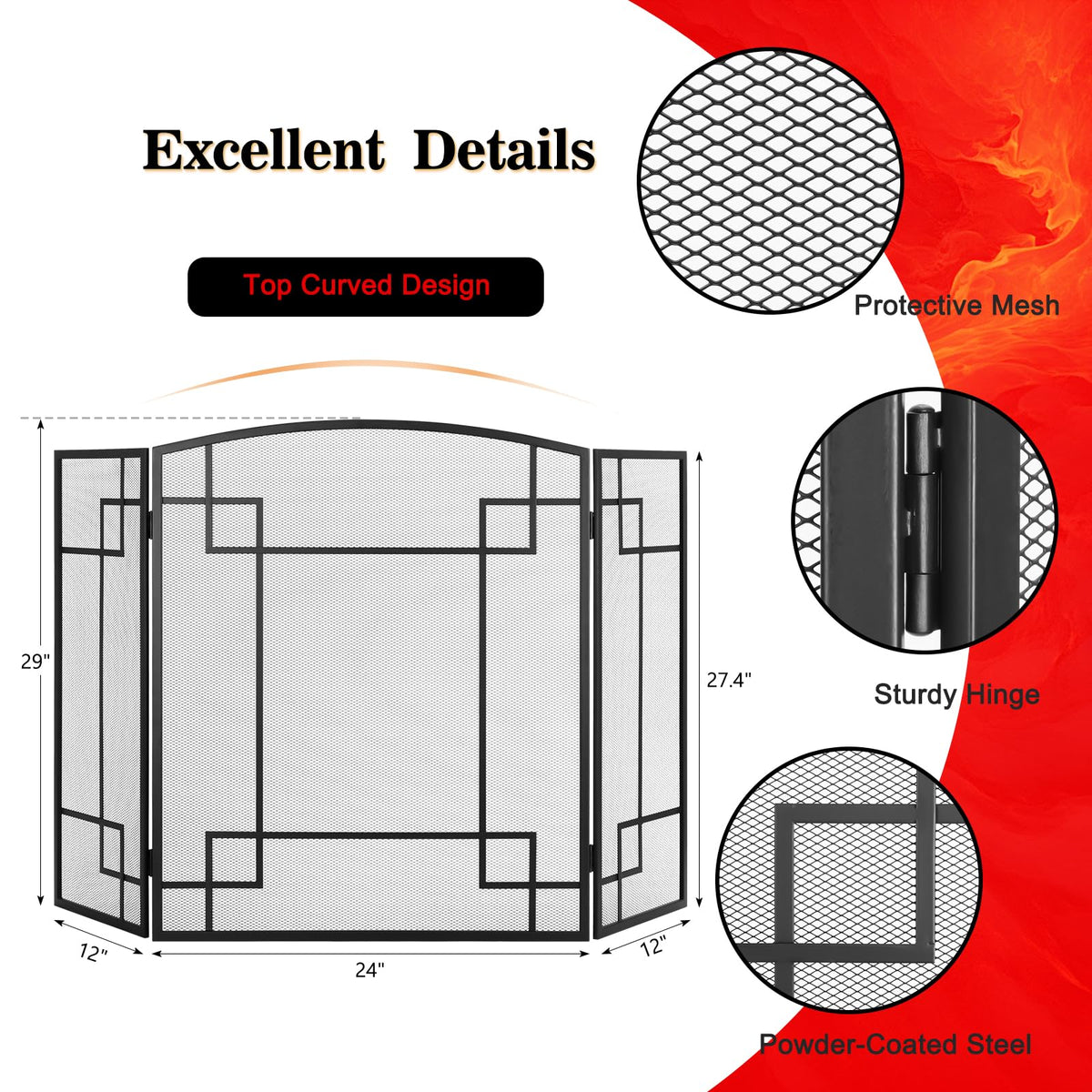 Fireplace Screen 3 Panel Wrought Iron F16431