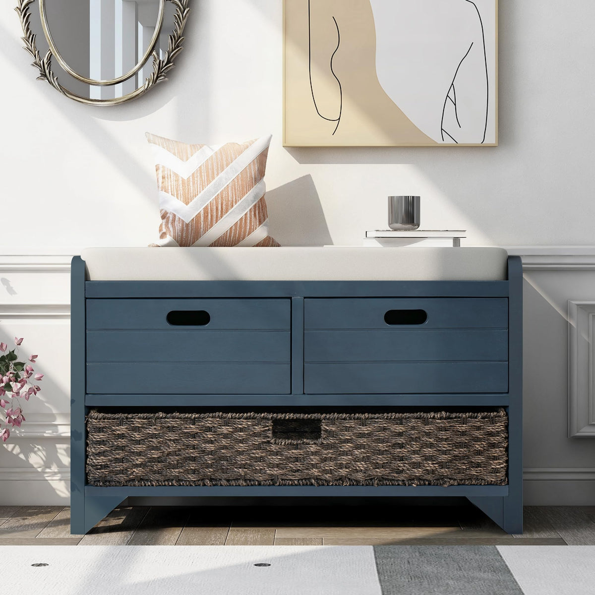 Navy Storage Bench with Drawers and Basket H69582