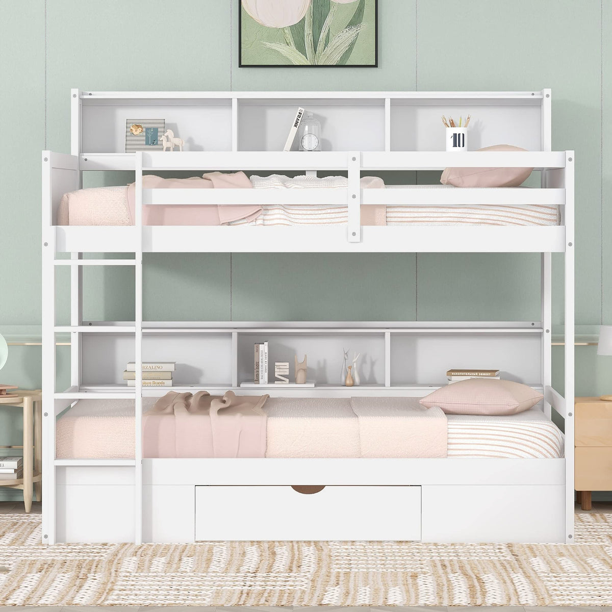 Twin Over Twin Wooden Bunk Bed with Shelves and Storage Drawer X32083