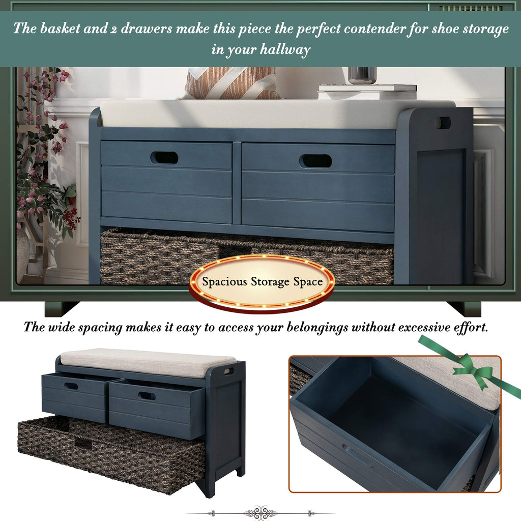 Navy Storage Bench with Drawers and Basket H69582