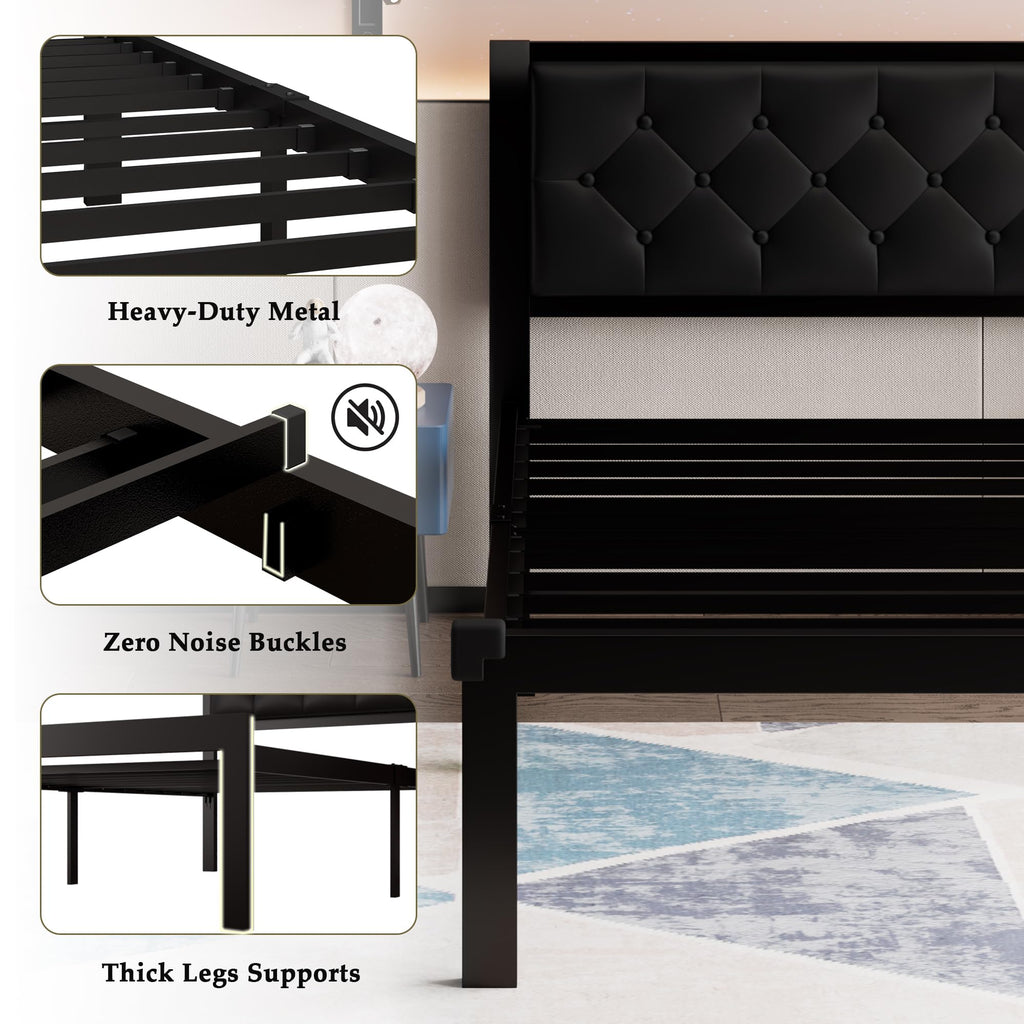 Twin Size Black Metal Platform Bed Frame with Faux Leather Tufted Headboard Q279286