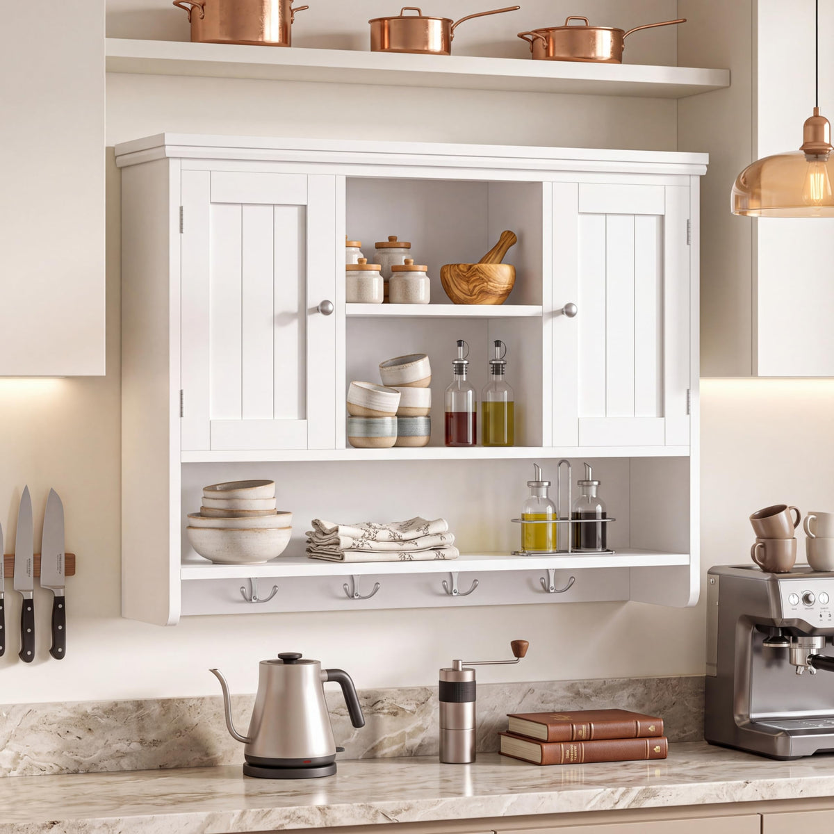 31.5"W 3-Tier Wall Mounted Bathroom Cabinet with Hooks Q70659