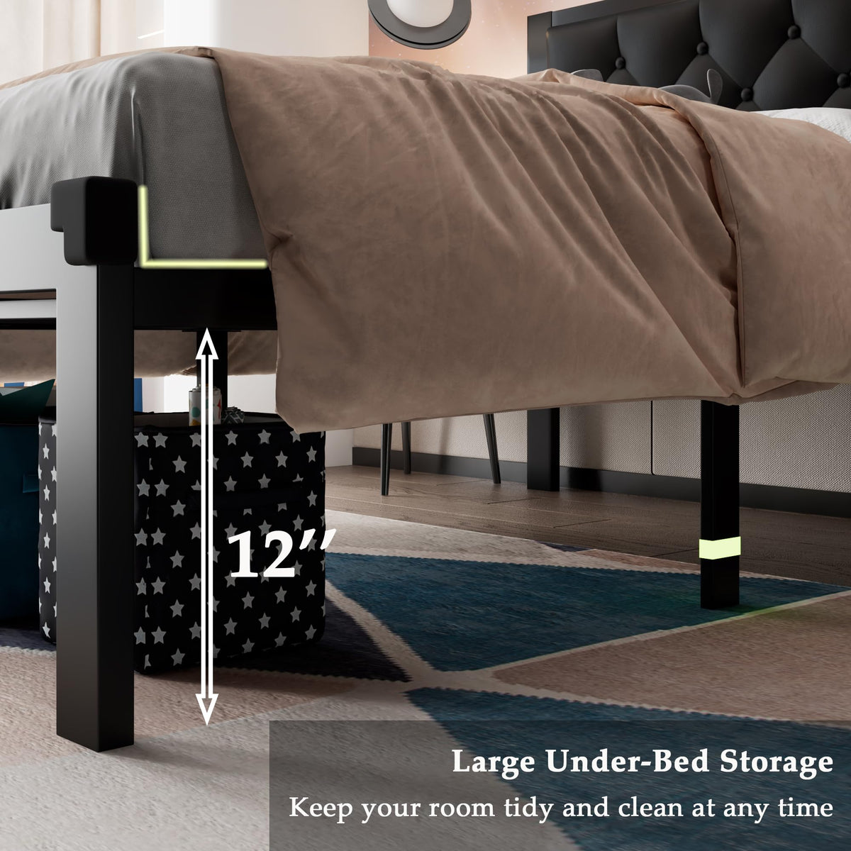 Twin Size Black Metal Platform Bed Frame with Faux Leather Tufted Headboard Q279286