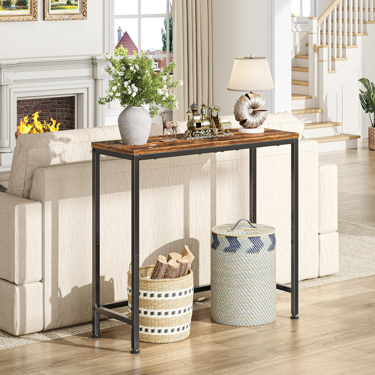 Narrow Side Table, 29.8" Console Table, Rustic Brown V9019