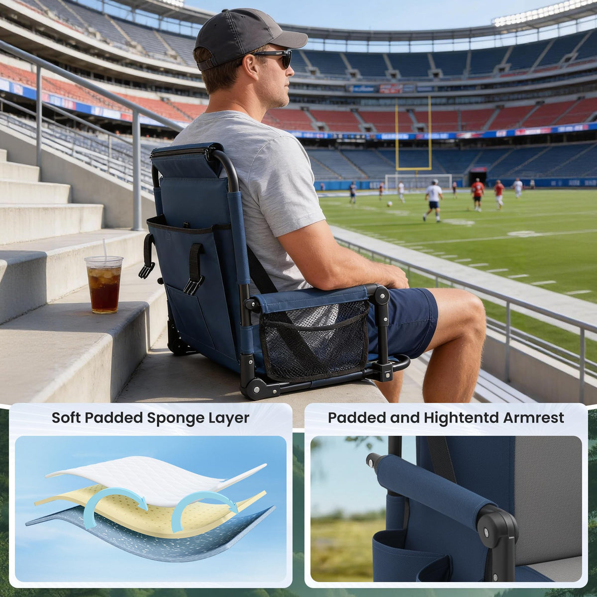 Portable Foldable Bleacher Chair with Cup Holders Blue S763316