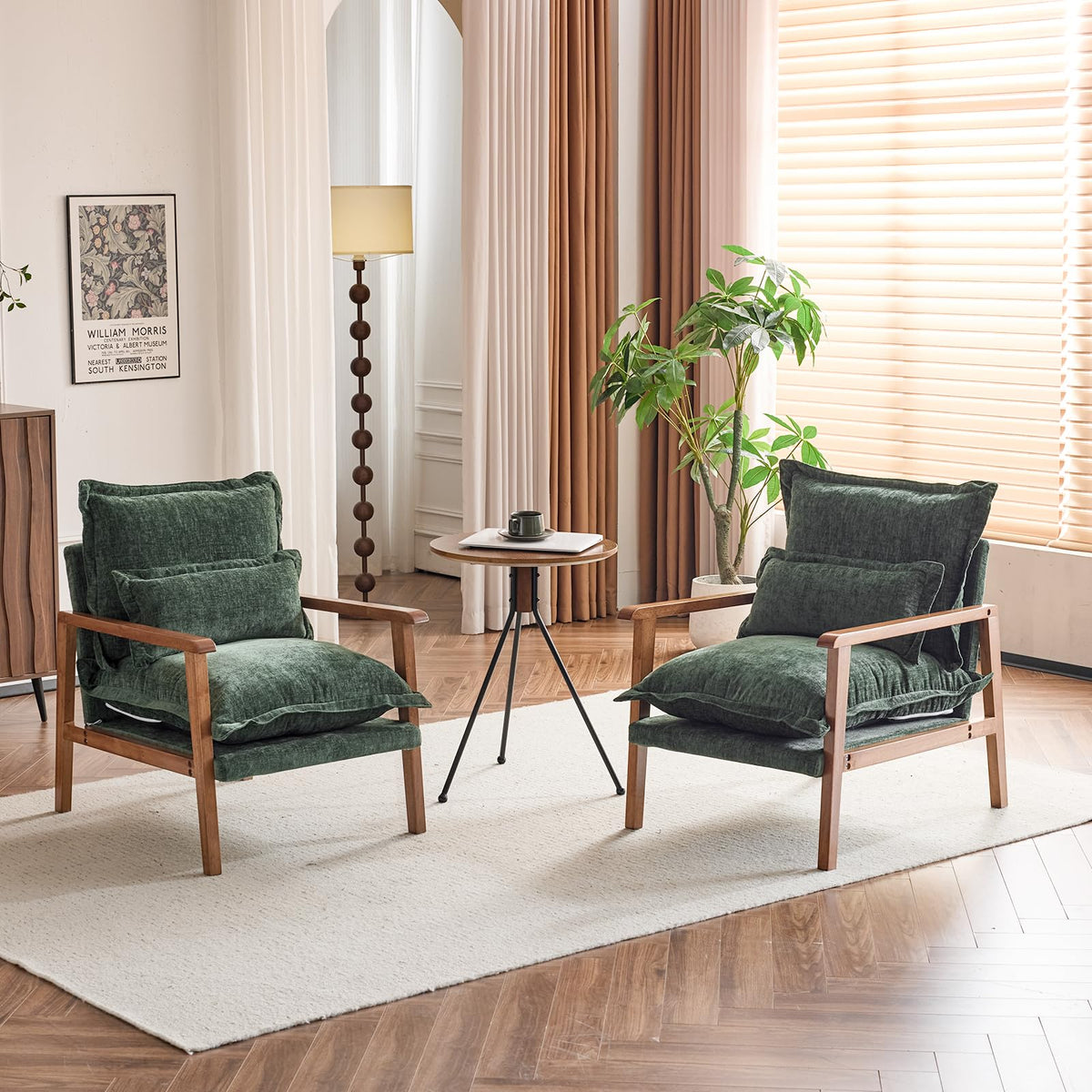 Dark Green Chenille Accent Armchairs Set of 2 with Lumbar Pillow F78750