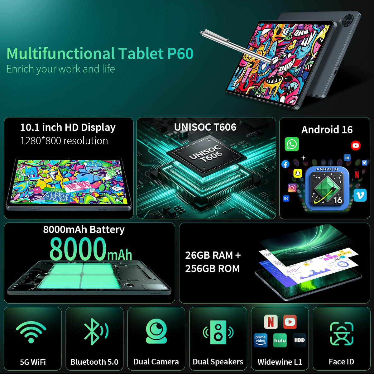 Android 16 Tablet with Keyboard 26GB 256GB 2TB Octa-Core Black Case Z191