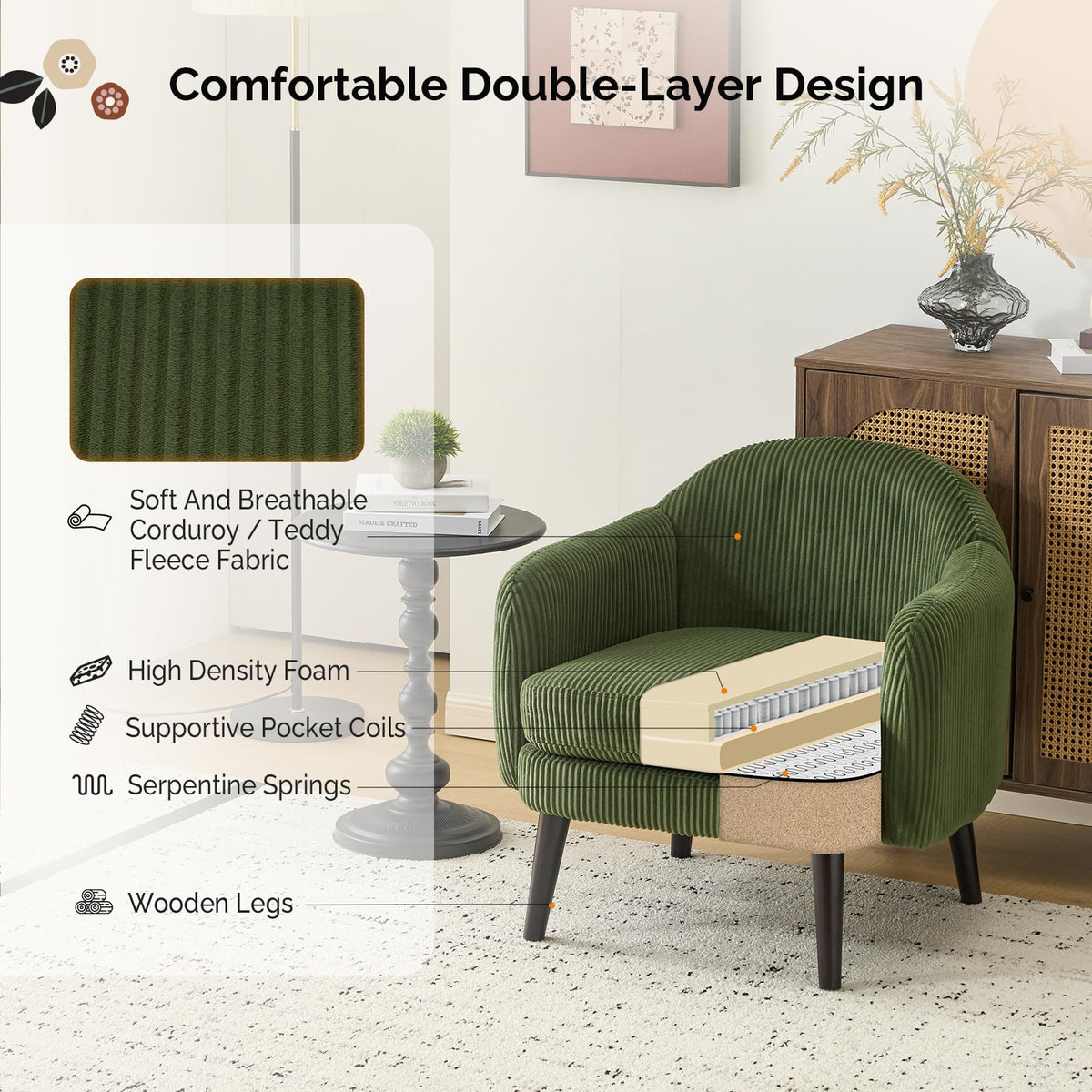 Green Corduroy Accent Armchairs Set of 2 I5095