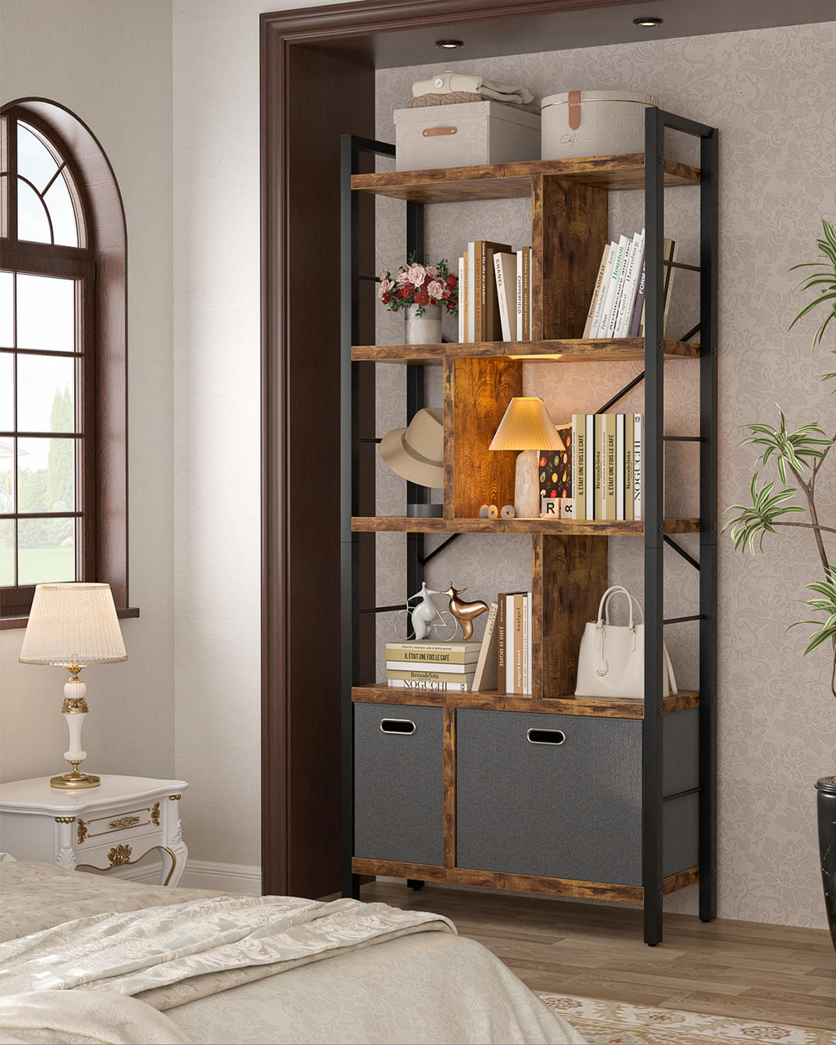 5 Tier Rustic Brown Bookshelf with Drawers I99162