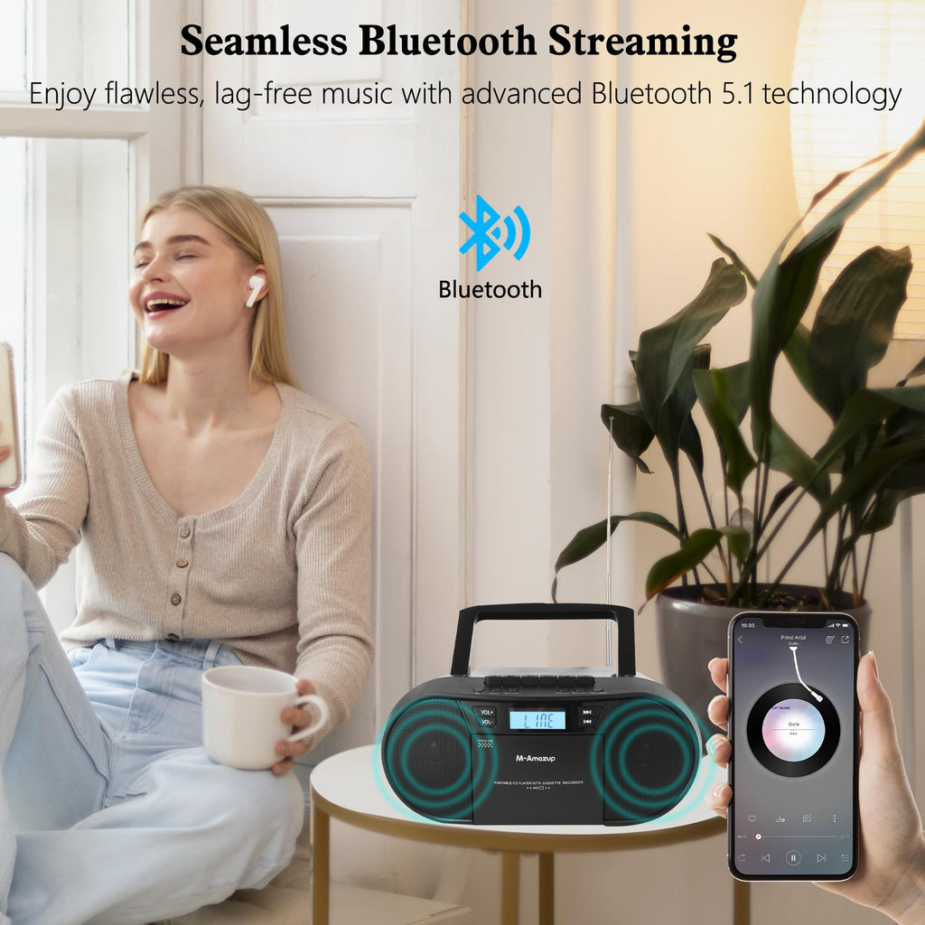 Portable CD Cassette Boombox with Bluetooth MP3 USB FM Radio J58189