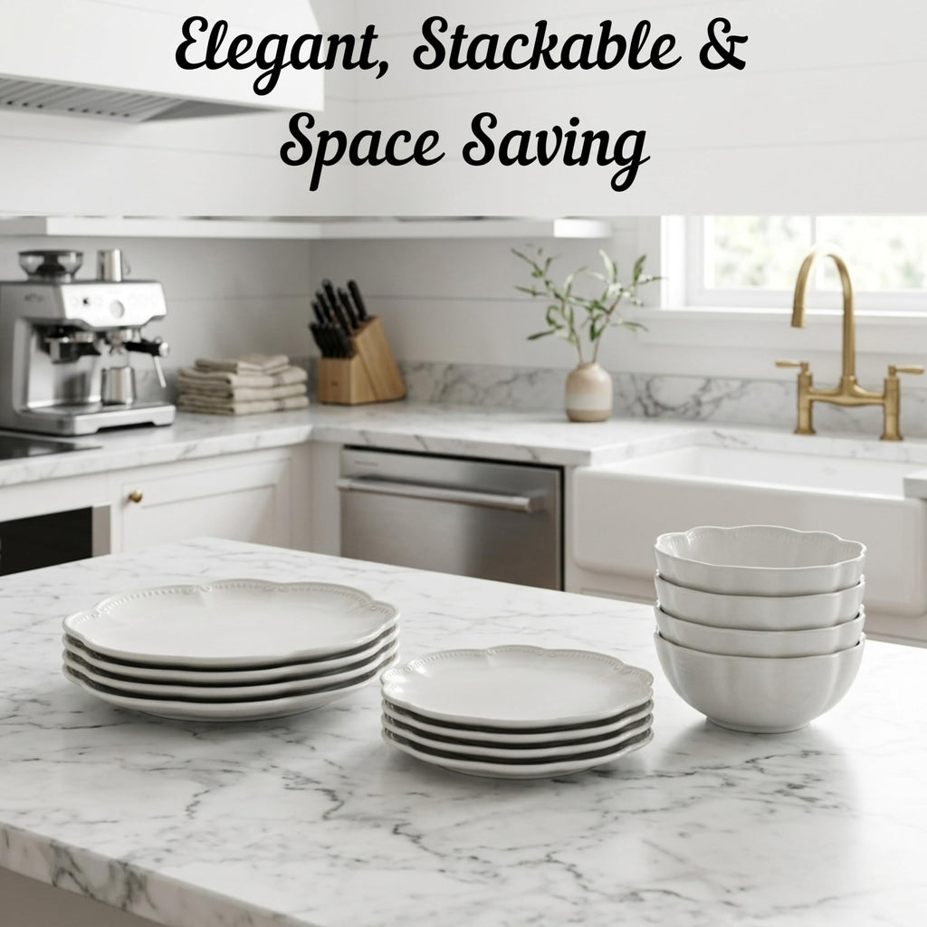 12 Pieces Scalloped White Plates & Bowls Set F885