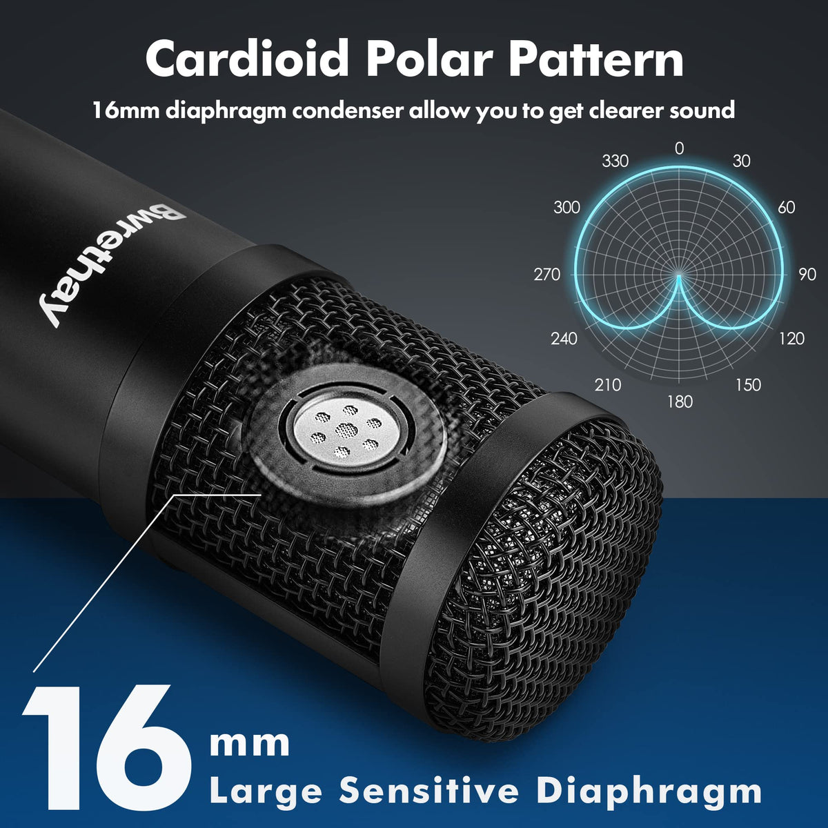 USB Condenser Cardioid Microphone with Boom Arm Stand and Shock Mount, Black B113