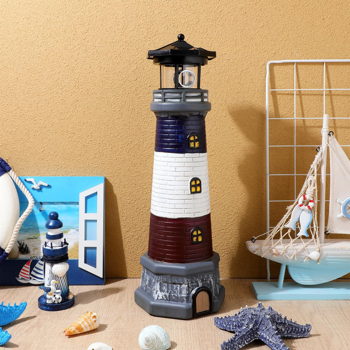 Solar Lighthouse Statue, Resin Waterproof, Black, 4.72 X 4.72 X 14.76 Inches M86319